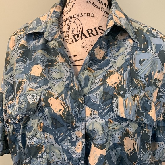 Vintage 80s Stunt Blue Patterned Boxy Silk Button-Up Shirt Blouse Women’s Medium - Picture 2 of 6